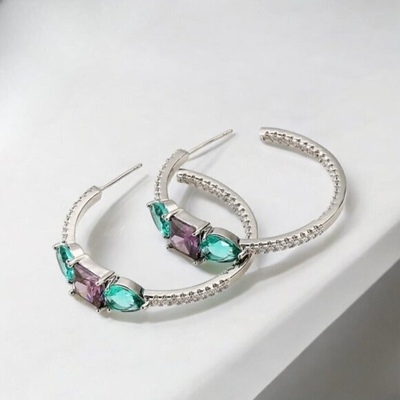 NWT Statement Hoop Earrings 14K Gold Plated Green CZ Purple Green Crystals - Picture 8 of 12